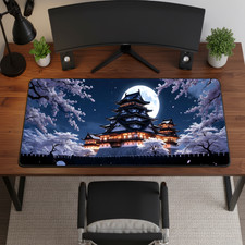 Japanese Castle Sakura Night Desk Mat 16x32 Moon Mouse Pad XL picture