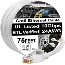 [UL Listed] Cat6 Ethernet Cable 75 ft with Clips 10Gbps PoE++, White picture