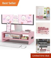 Stylish Pink Desk Organizer - 16.5 Inch 66 lbs Wooden Monitor Stand with Storage picture