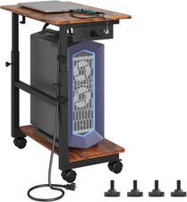 Height Adjustable 2-Tier Computer Tower Stand with Power Outlet & Wheels - Brown picture
