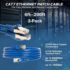 3-Pack CAT7 S/FTP Ethernet Patch Cord 600MHz Network Cable 6FT-200FT Blue Lot picture