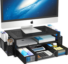 2 Tier Metal Monitor Stand Riser & Computer Desk Organizer w/Drawer & Pen Holder picture