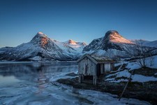 Landscape norway nature mountains clear sky ice cabin Custom Gaming Mat Desk picture