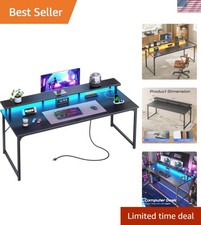 55 inch Gaming Desk, LED & Power Outlets, Monitor Stand, Black picture