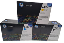 3X HP LASERJET 643A TONER CARTRIDGE CYAN Q5951A,BLACK Q5950A,YELLOW Q5952A picture