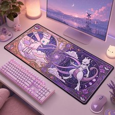 Mew and Mewtwo Desk Mat, Stained Glass Anime Gaming Mouse Pad Accessories picture