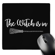 3dRose The Witch Is In Mouse Pad - White Cursive on Black Background, Typography picture