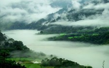 Landscape nature mountains spring mist forest river Custom Gaming Mat Desk picture