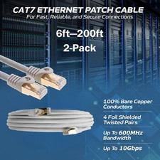 2-Pack CAT7 S/FTP Ethernet Patch Cord 600MHz Network Cable 6FT-200FT Gray Lot picture