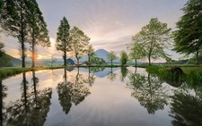 Landscape nature japan trees reflection mountains grass Custom Gaming Mat Desk picture