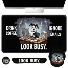 Funny Coffee Dog Keyboard Mouse Pad Set Retro Black 4in1 Large Mousepad+Keybo... picture