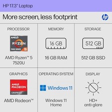 HP 17.3 inch Laptop, HD+ Display, AMD Ryzen 5 7520U, 16 GB RAM, 512 GB - picture