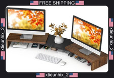 Dual Monitor Stand Riser Wooden Desk Organizer for 2 Monitors picture
