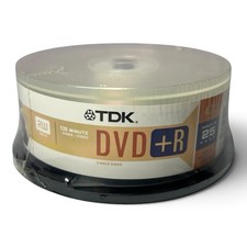 Factory Sealed TDK DVD+R 25 Pack 4x 4.7 GB Data 1-4 Hour Storage Disks  Spindle picture