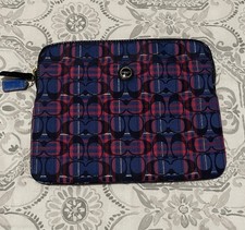 Coach Poppy Tartan Plaid Navy Blue Red Multi Stripe Zip Tablet Case picture