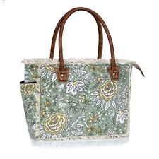 Boho Floral Canvas Tote Bag – Large Green Shoulder Bag with Fringe & Leather ... picture