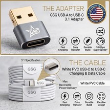 USB-A to USB-C 3.1 Adapter & Type C Charging Cable Set 10Gbps Fast Data Sync picture