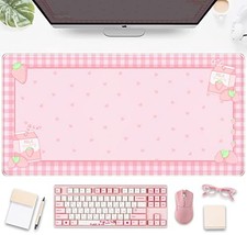 Cute Pink Plaid Desk Mats Strawberry Milk Gaming Desk Pad, Kawaii Extended Mouse picture