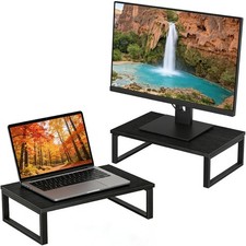 2PCS Wooden Monitors Stand Computer Screen Stands for Desk Space Saver Black picture