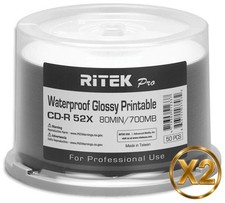 100-Pak RITEK PRO Waterproof GLOSSY White Inkjet Hub 52X 80-Min CD-R's picture