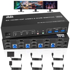 8K@60Hz Displayport Triple Monitor KVM Switch Mouse Switcher w/Audio Mic 7079C6D picture