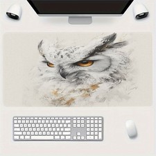 Modern Minimalist White Desktop Mouse Pad with Giant White Owl Illustration, I picture