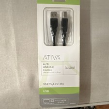 Ativa A/B USB 2.0 Plug 16 Foot Cable Black New In Package picture