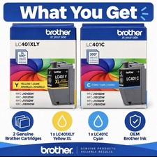 Brother Genuine LC401XLY Yellow XL + LC401C Cyan OEM Ink Cartridge Bundle picture