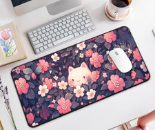 Kawaii Camellia Cat Desk Mat, Large Mouse Pad Pink Floral Non-Slip Gaming Mat picture