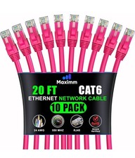 Cat6 Ethernet Cable 20 ft 10-Pack Pink High-Speed LAN UTP 10Gbps 550MHz picture