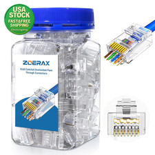 100 Pack Cat6A RJ45 Pass through Connectors Gold Plated Data Ethernet picture