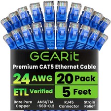 Blue Cat5e Ethernet Patch Cable 5 FT 20 PCS Snagless RJ45 LAN Network Cord picture