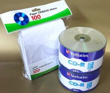 100 VERBATIM Blank CD-R CDR Logo Branded 52X 700MB Media Disc + 100 Paper Sleeve picture