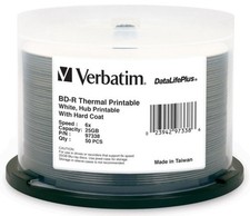 50-Pak 25GB Verbatim 6X WHITE THERMAL HUB PRINTABLE BLU-RAY BD-R's, #97338 picture
