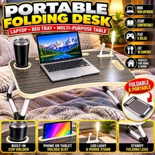 Foldable Laptop Bed Desk Black USB LED Light Fan Cup Holder Open Box picture