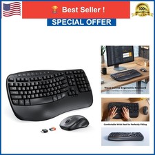 MEETION Wireless Keyboard and Mouse Combo Ergonomic Wave Keys Wrist Rest picture