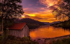 Landscape nature boathouses lake sunset norway trees Custom Gaming Mat Desk picture