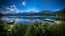 Landscape sky clouds mountains river reflection plants Custom Gaming Mat Desk picture