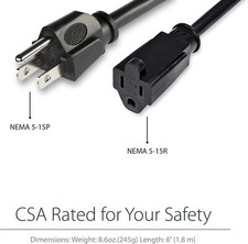 StarTech 6 ft. (2m) Power Extension Cord, NEMA 5-15R to NEMA 5-15P Black picture