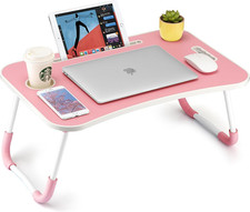 Foldable Laptop Table Lap Desk Bed Tray with Cup Holder Tablet Slot Pink picture