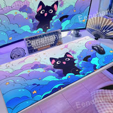Anime Black Cat Gaming Desk Mat XXL Mouse Pad Kawaii Pink Cloud Keyboard Mat picture