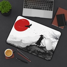 Samurai Silhouette Desk Mat | Red Sun Japanese Landscape picture