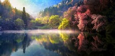 Landscape nature spring mist lake trees reflection Custom Gaming Mat Desk picture