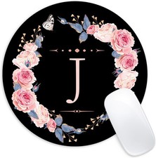 Letter J Black and Pink Flowers Round Mouse Pad, Funny Small Mouse Mat with picture