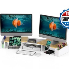 Simple Houseware Desk Dual Monitor Stand Riser Drawer, Oak DO-09K-O picture