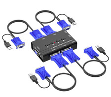 VGA KVM Switch,  4 Port USB VGA KVM Switch W/4 KVM Cables & 3 USB Hubs for 4 Com picture