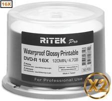 100-Pak RITEK PRO Waterproof GLOSSY White Inkjet Hub 16X 4.7GB DVD-R's picture