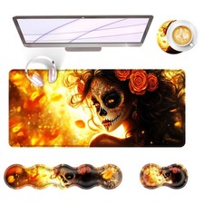 Skull Woman Rose Memory Foam Ergonomic Keyboard Mouse Desk Pad 31.5x11.8 In picture