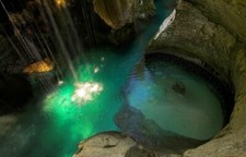 Landscape waterfall river canyon slovenia green water Custom Gaming Mat Desk picture