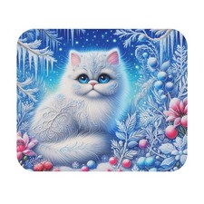Winter White Cat Mouse Pad, Elegant Office Mat, Holiday Magical Gamer Pad picture